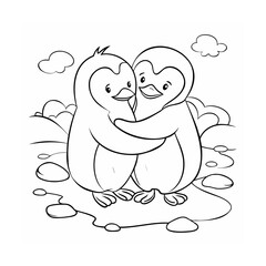 Handdrawn two hugging penguins with smiling faces clouds on a embrace love