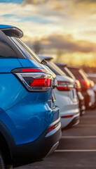Modern SUVs parked at sunset in an organized car lot