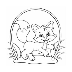 Handdrawn cartoon fox walking with a smile inside a circular frame with grass elements