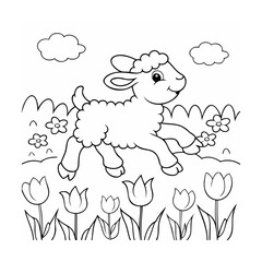 Handdrawn a leaping lamb with flowers tulips under fluffy clouds in a field sheep