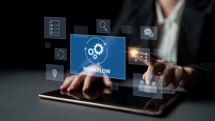 Workflow optimization concept featuring interconnected gears, task management, collaboration,...
