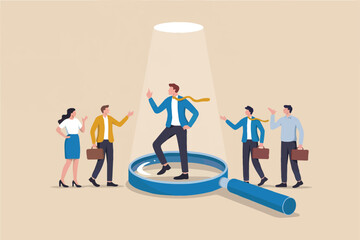 Flat cartoon vector illustration of a business team with one person highlighted under a spotlight and magnified by a large magnifying glass isolated on transparent background