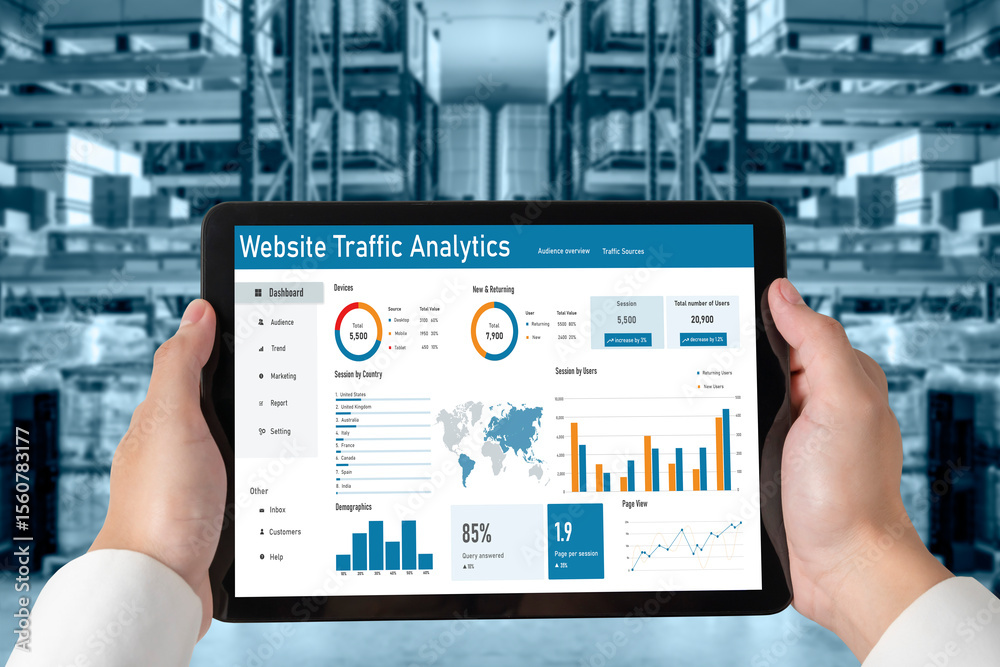 Poster computer software for website traffic analytics data on computer screen. concept of seo search engin
