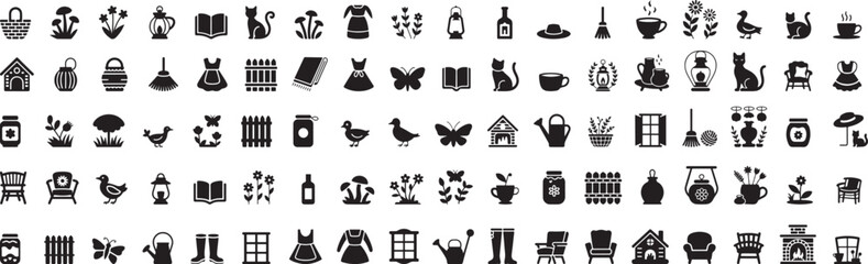 Countryside life objects and animals basket mushrooms