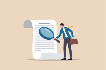 Man examining document with magnifying glass isolated on transparent background