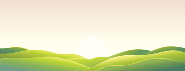 Summer landscape with Lush green lawn, field, hills, green. Countryside, spring or summer time of year. Dawnd clear sky. Cartoon design for banners, sites. Flat vector illustration of beauty landscape