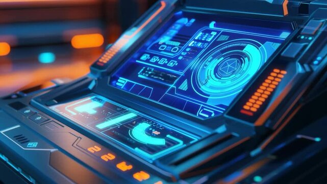 High-Tech Biometric Payment Terminal with Holographic Interface and Neon Effects for Futuristic Design