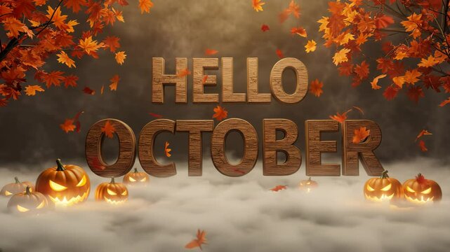 Autumn leaves and pumpkins surrounding hello october in misty fall setting