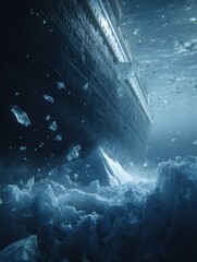 Titanic Collision: Underwater View of Ocean Liner Striking Iceberg in Frozen Depths