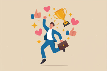 Successful businessman jumping with trophy and thumbs up isolated on transparent background