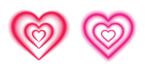 Bright neon heart frame border with red purple pink glowing light effect for love valentine day card decoration on isolated transparent background. Two hearts set