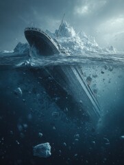 Titanic Strikes Towering Iceberg, Submerging Amidst Shattered Ice in a Dramatic Ocean Tragedy