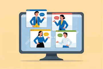 Flat cartoon vector illustration of a video conference call with four participants isolated on transparent background