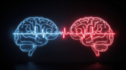 Two stylized brains, one blue and one red, are interconnected by a heartbeat line. The image illustrates the balance between different cognitive functions, highlighting creativity and logic.