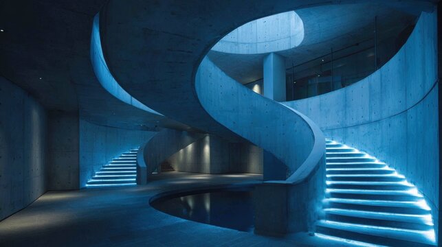 A spiraling staircase made of concrete features glowing steps, surrounded by large, minimalistic areas. The design emphasizes modern architecture and unique lighting against a dark backdrop.