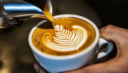 Close up barista skillfully filling coffee cup with milk for beautiful frothy latte art design.