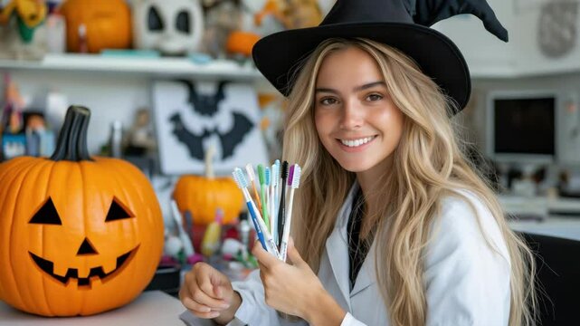 Young caucasian woman dentist in witch hat holding toothbrushes with carved pumpkin in office. Halloween, All Hallows Eve, Samhain - Spooky Holiday Season, Fall Festival Celebration