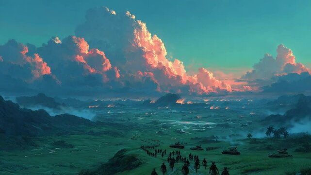 Epic landscape art with military theme under dramatic clouds and soldiers marching