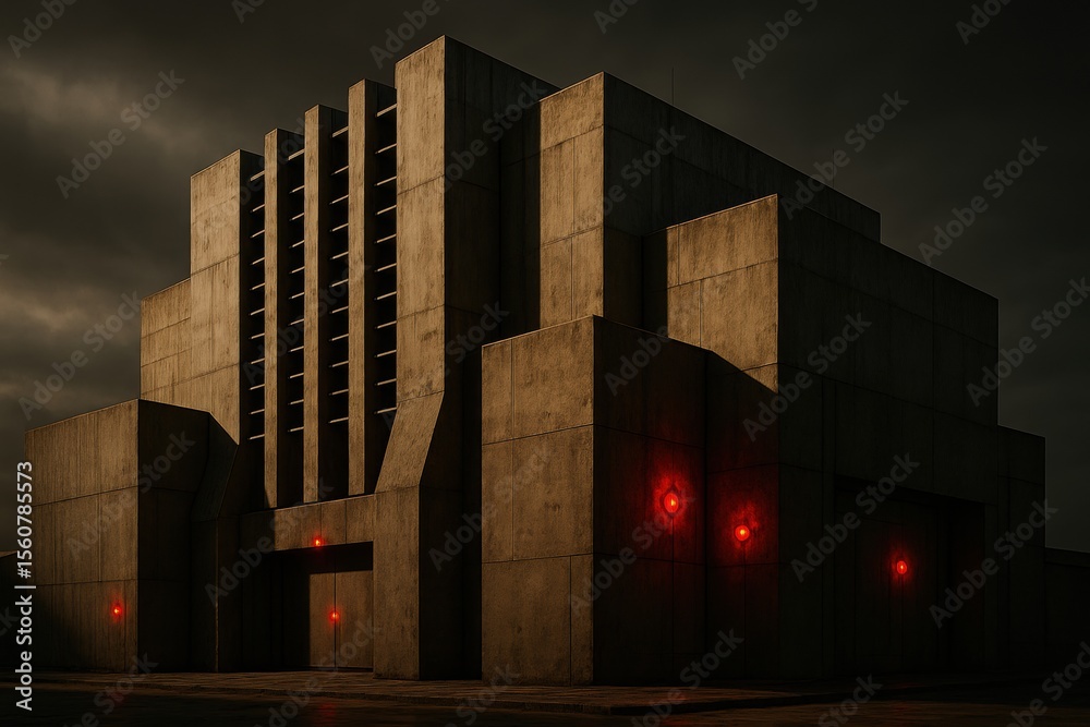 Poster A Stark Concrete Structure Illuminated by Red Lights Under a Dramatic Sky