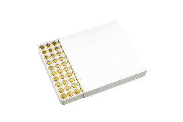 Reloading primers in a white box, isolated on white back