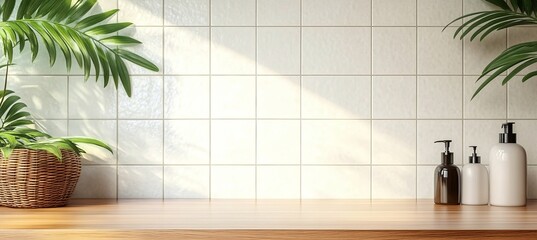 Chic bathroom decor with lotion bottles and vibrant plants set against a modern tiled backdrop.