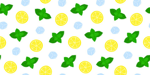Simple seamless pattern with flat ice cubes, lemon slices and mint leaves. Fresh natural background.