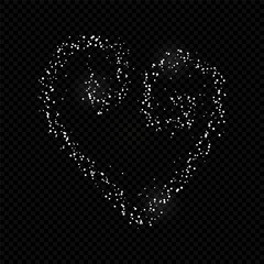 Heart shaped white dust isolated on dark background. Crushed pieces of chalk. Scatters of sugar powder in heart shape. Flying baking flour top view.