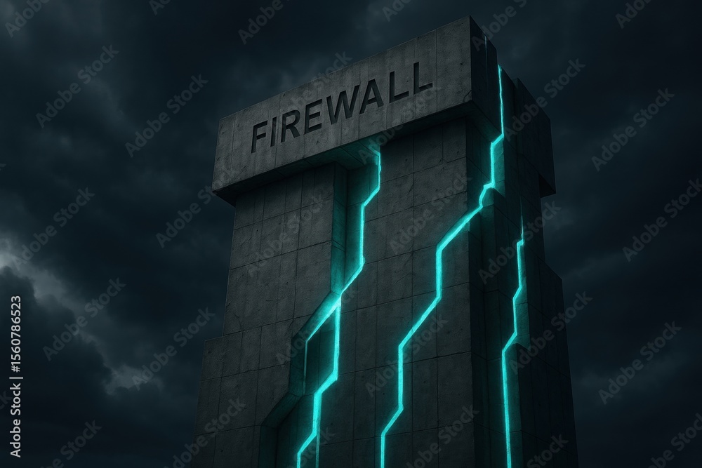 Poster a towering concrete structure labeled 'firewall' illuminated by glowing blue lines against a dramati