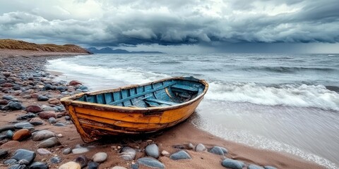 Abandoned Fishing Smack on a Wild Seaside with Dramatic Skies Over a Remote Scenic Landscape