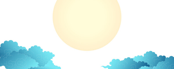 Moon, Asian clouds, night sky on transparent background. Hand drawn vector illustration. Qixi, Mid Autumn Festival backdrop. Traditional Chinese, Japanese, Korean design elements
