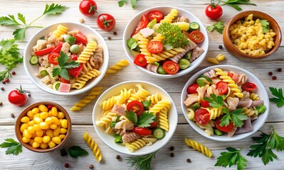 Fototapeta premium Five bowls of colorful pasta salad with chicken, tomatoes, and cucumbers are arranged on a white wooden table, creating a vibrant and appetizing spread
