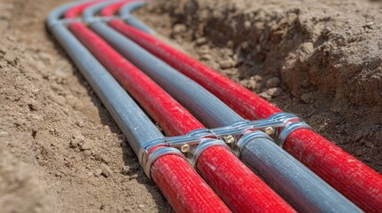 Workers lay red and gray underground cables in a trench at a construction site during daytime. The dry soil surrounds the installation site, highlighting the new infrastructure.