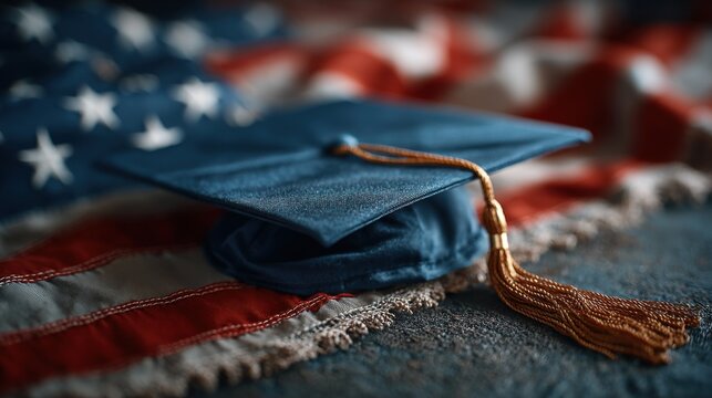 A blue graduation cap with a golden tassel lies on an American flag. The flag's stars and stripes symbolize national pride during a moment of educational celebration.