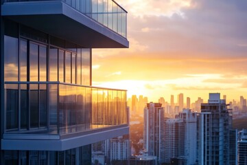 City Condominium with a Glass Balcony Overlooking the Skyline . Real Estate Background