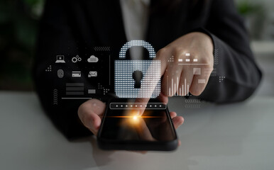 Cybersecurity protection system showing password encryption, fingerprint ID, cloud security, email,...