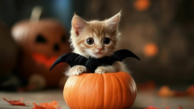 Adorable kitten with bat costume in pumpkin for halloween celebration. Halloween, All Hallows Eve, Samhain - Spooky Holiday Season, Fall Festival Celebration