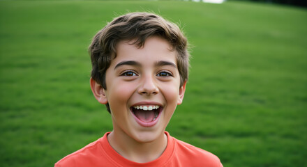 Happy laughing boy with big smile showing teeth outdoors on green grass background. Pure joy and excitement for summer activities and children entertainment programs