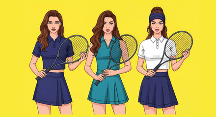 Adobe Illustrator set of vector flat style illustration of three sporty and attractive women tennis players with a pop art aesthetic. Great for fitness, health, and stylish modern designs