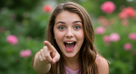 Excited teenage girl pointing finger at camera with surprised expression outdoors. Youth enthusiasm and direct engagement. Social media content and teen marketing campaigns