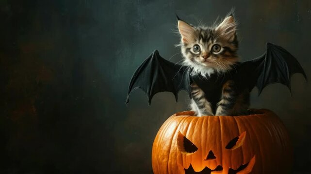 Adorable kitten dressed as bat in pumpkin for halloween. Halloween, All Hallows Eve, Samhain - Spooky Holiday Season, Fall Festival Celebration
