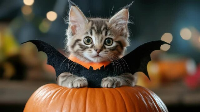 Adorable kitten dressed as bat sitting on pumpkin for halloween. Halloween, All Hallows Eve, Samhain - Spooky Holiday Season, Fall Festival Celebration