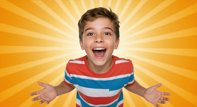 Excited boy with open arms and big smile against bright yellow sunburst background. Pure happiness and celebration for party and entertainment promotions