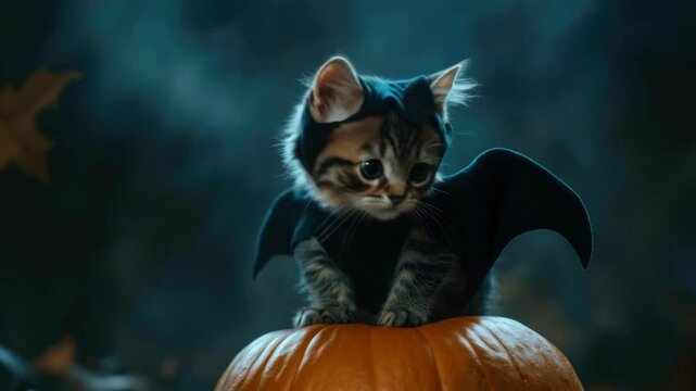 Adorable kitten in bat costume sitting on pumpkin for halloween. Halloween, All Hallows Eve, Samhain - Spooky Holiday Season, Fall Festival Celebration