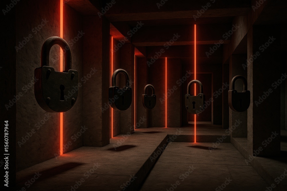 Aufkleber A Mysterious Corridor with Floating Locks and Neon Lights