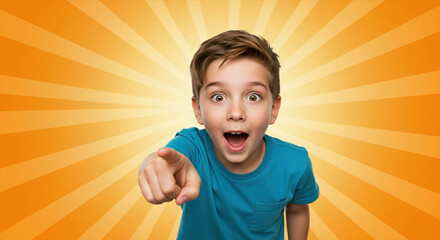 Surprised boy pointing finger with wide eyes against orange sunburst background. Childhood amazement and discovery for educational content and marketing campaigns