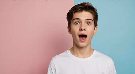 Amazed teenage boy with open mouth against pink blue gradient background. Youth surprise and wonder for skincare and anti acne treatment promotions
