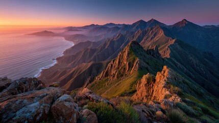 Sunset bathes the rugged mountain range along the Pacific coast in hues of orange and purple. Lush greenery contrasts with rocky cliffs, creating a breathtaking view.