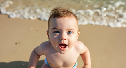 Happy toddler with open mouth sitting on beach sand with ocean waves. Pure childhood joy and summer vacation moments. Family travel and beach holiday campaigns