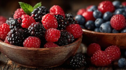Colorful bowls filled with fresh raspberries, blackberries, and blueberries are placed on a rustic wooden table, highlighting the vibrancy of summer fruits and a homey atmosphere.