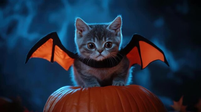 Adorable kitten with bat wings costume on pumpkin for halloween. Halloween, All Hallows Eve, Samhain - Spooky Holiday Season, Fall Festival Celebration